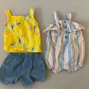 Newborn girls Yellow Parrot Print Top and Striped Romper Set
